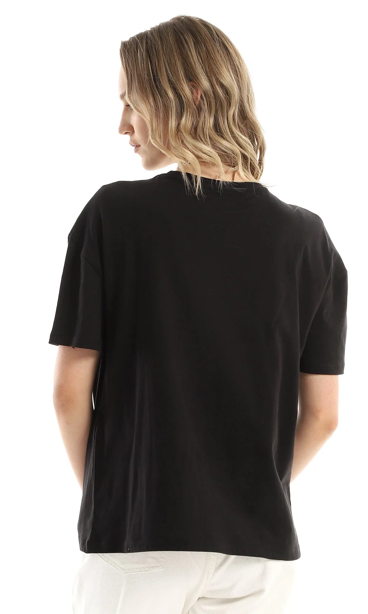 98239 Front Print Drop Shoulders Black Tee