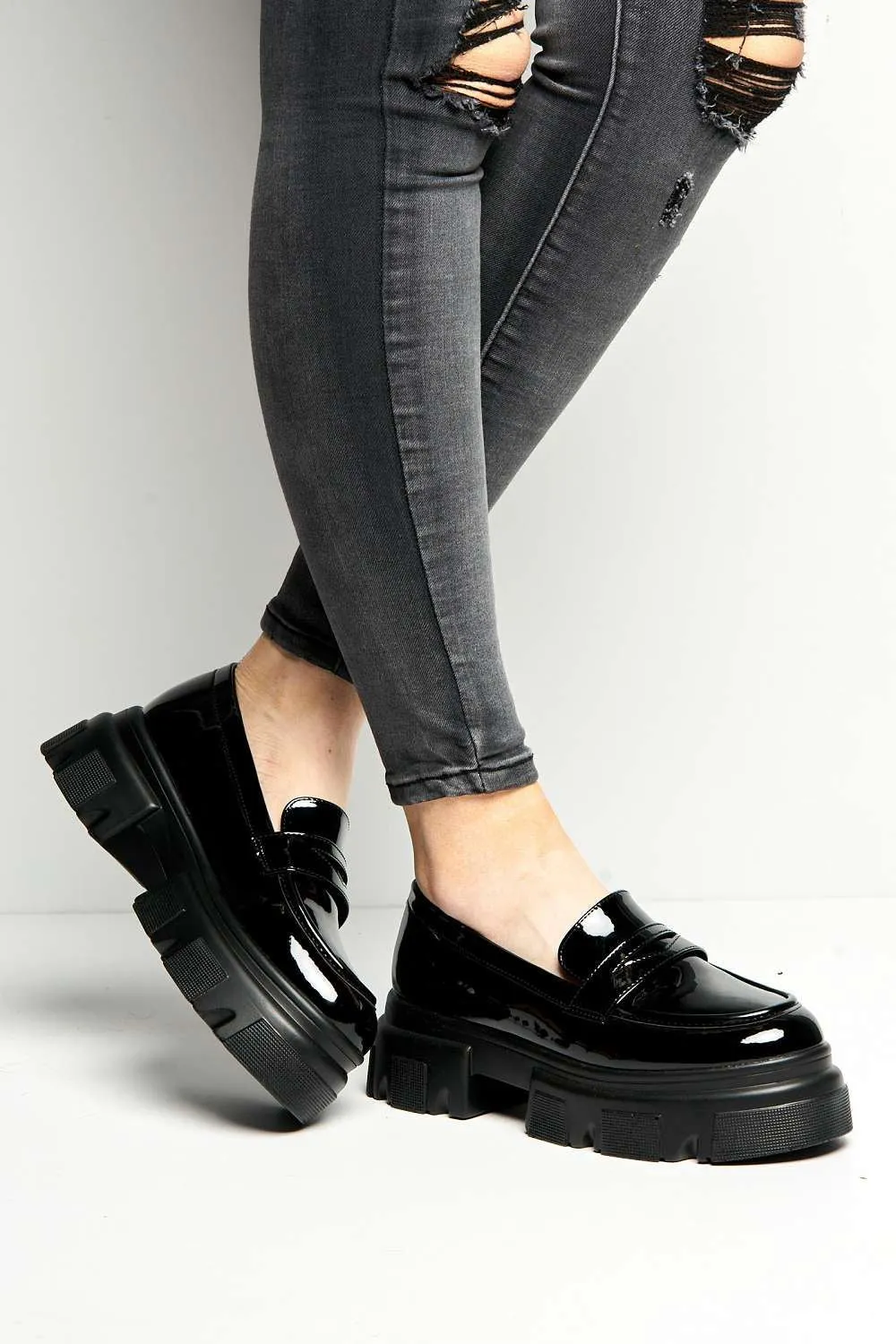 Brogan Chunky Sole Loafers in Black Patent