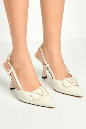 Cia Brooch Detail Slingback Court Shoes in Beige