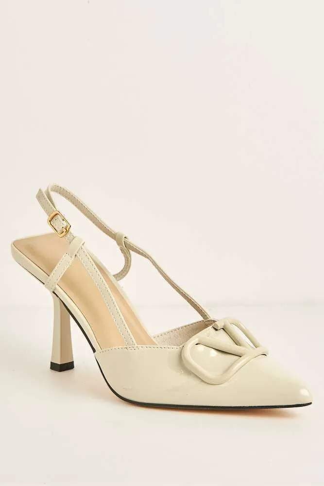 Cia Brooch Detail Slingback Court Shoes in Beige