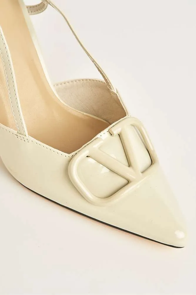 Cia Brooch Detail Slingback Court Shoes in Beige