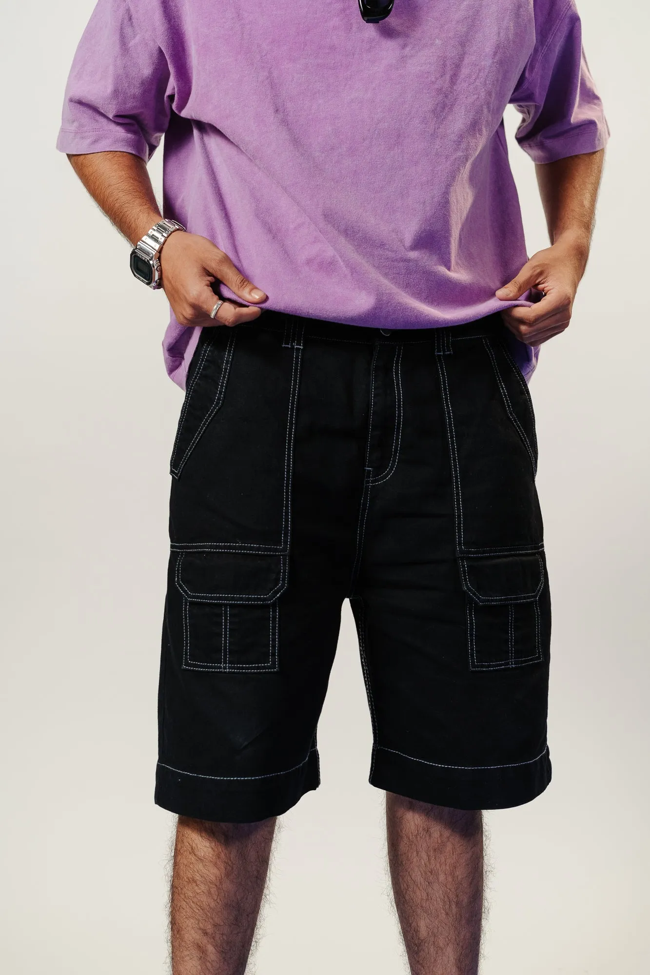 Contrast Stitch Men's Black Shorts