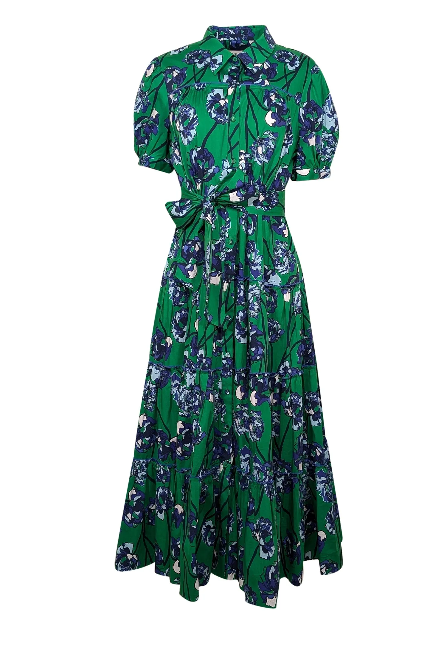 Diane von Furstenberg - Green & Blue Floral Short Sleeve Collared Maxi Dress Sz L