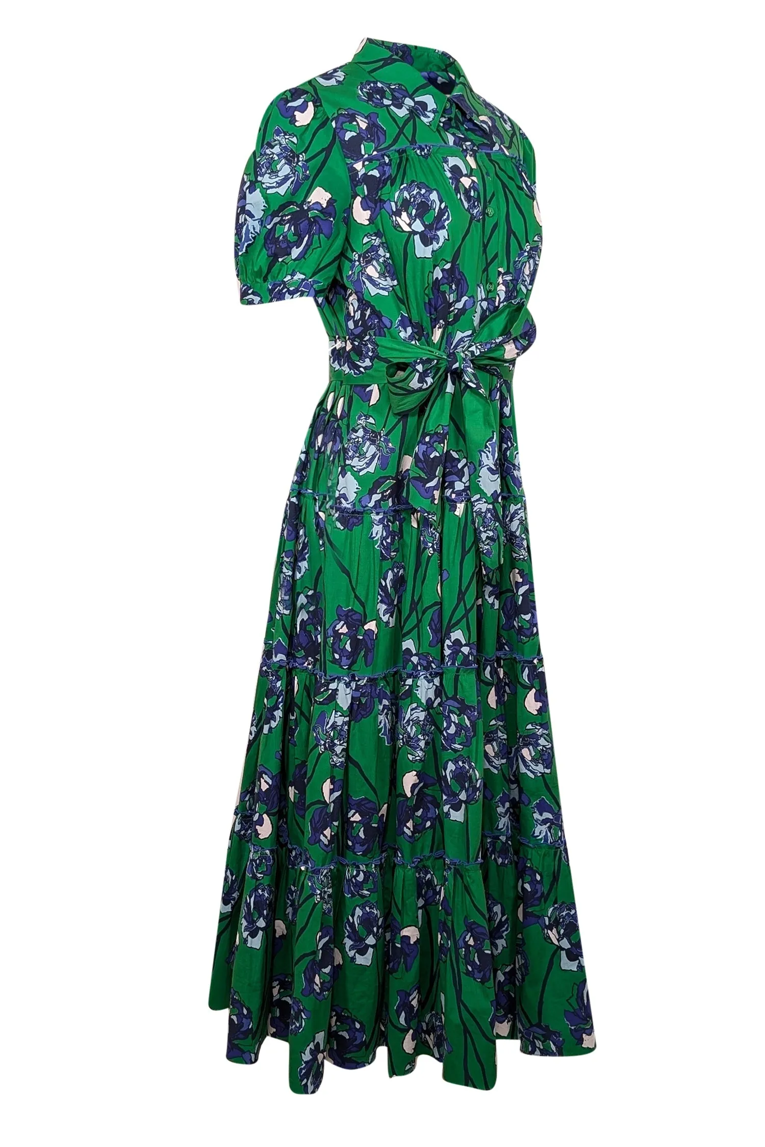 Diane von Furstenberg - Green & Blue Floral Short Sleeve Collared Maxi Dress Sz L