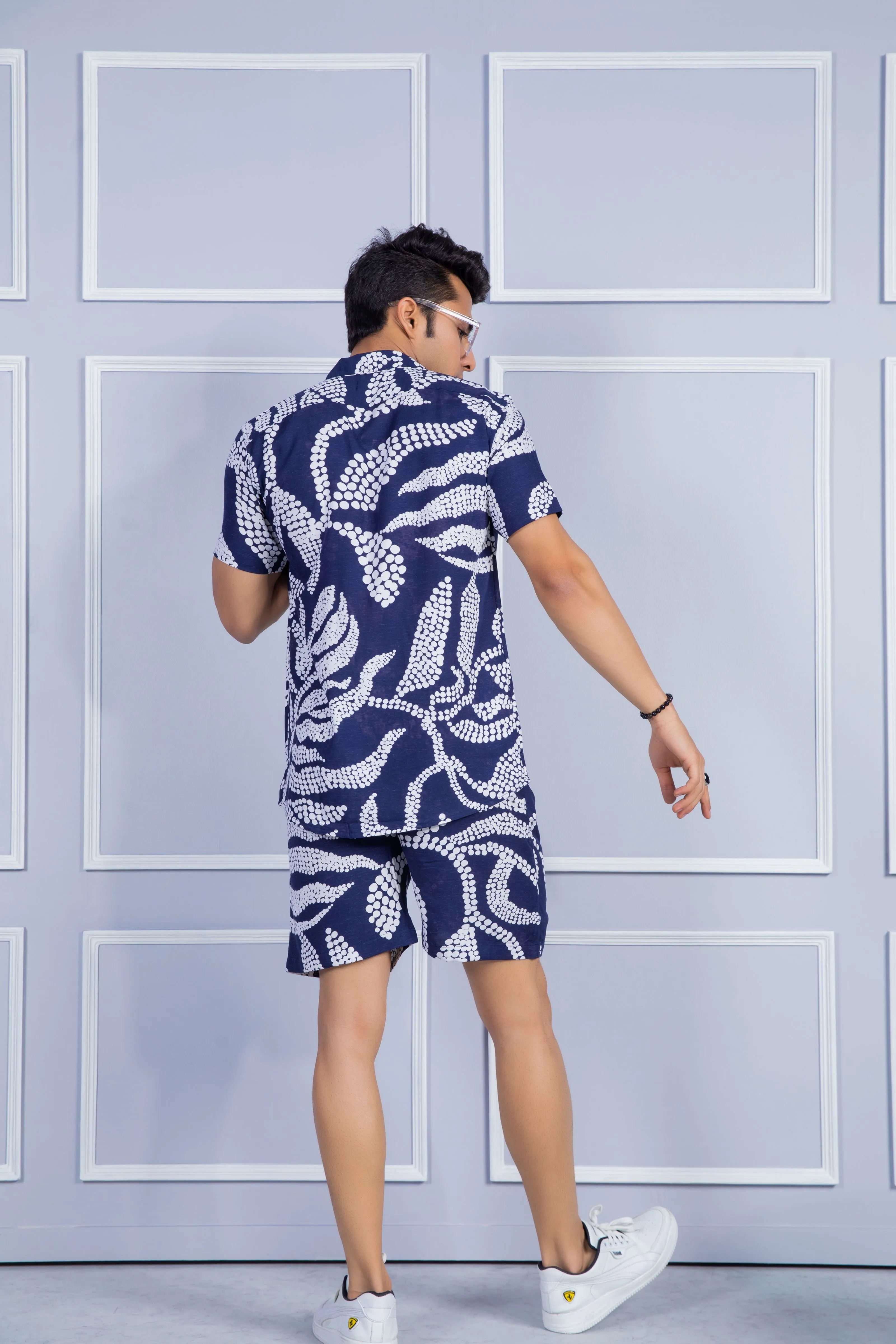 Firangi Yarn Printed Cuban Collar Blue Floral Summer Lounge and Beach Co-ord Set For Men