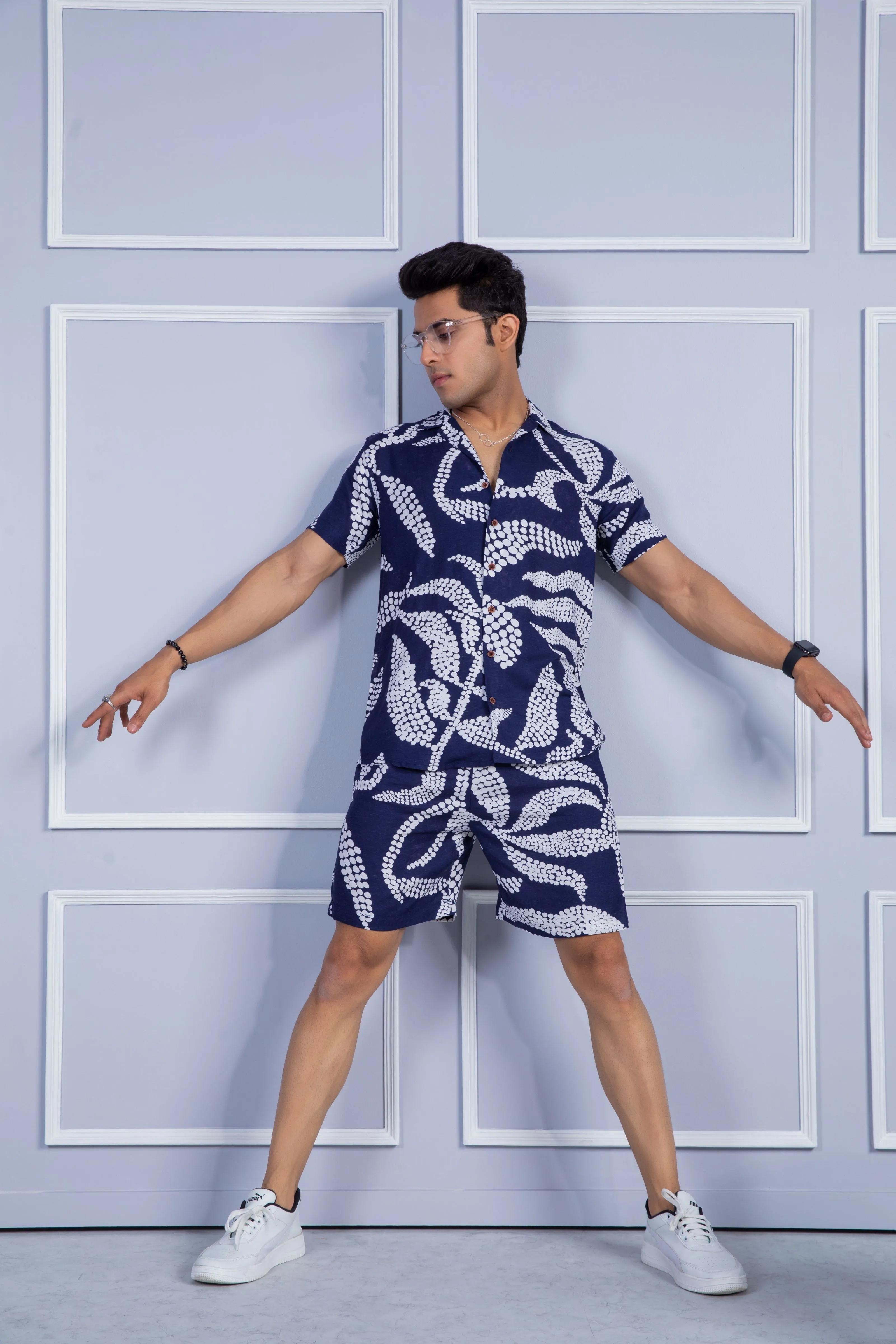 Firangi Yarn Printed Cuban Collar Blue Floral Summer Lounge and Beach Co-ord Set For Men