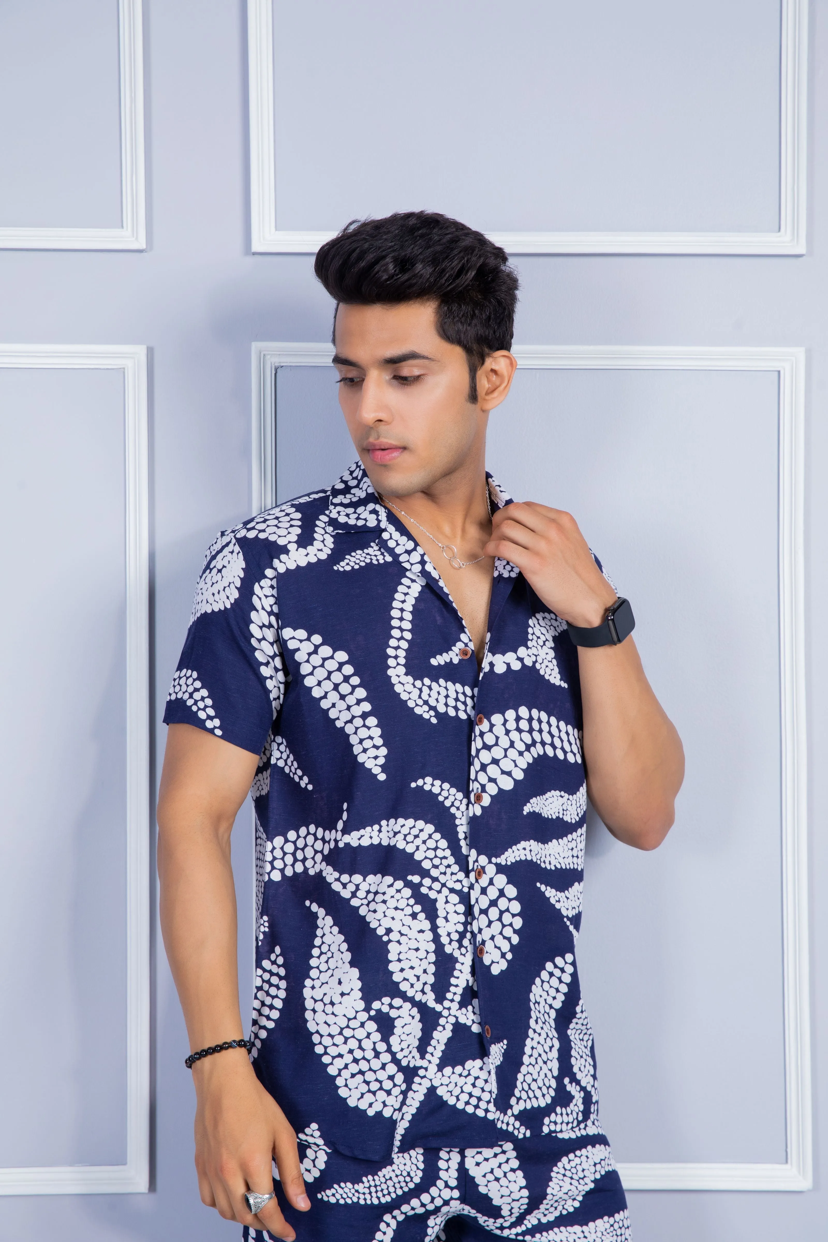 Firangi Yarn Printed Cuban Collar Blue Floral Summer Lounge and Beach Co-ord Set For Men