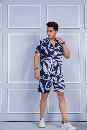 Firangi Yarn Printed Cuban Collar Blue Floral Summer Lounge and Beach Co-ord Set For Men