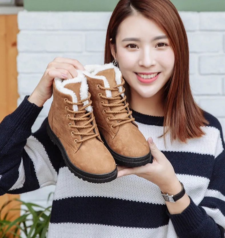 Flat Heel Plush Lining Lace-Up Snow Ankle Boots