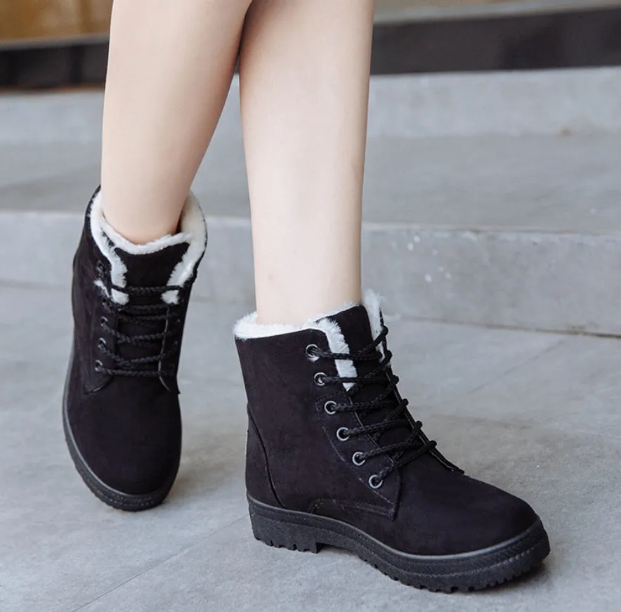 Flat Heel Plush Lining Lace-Up Snow Ankle Boots