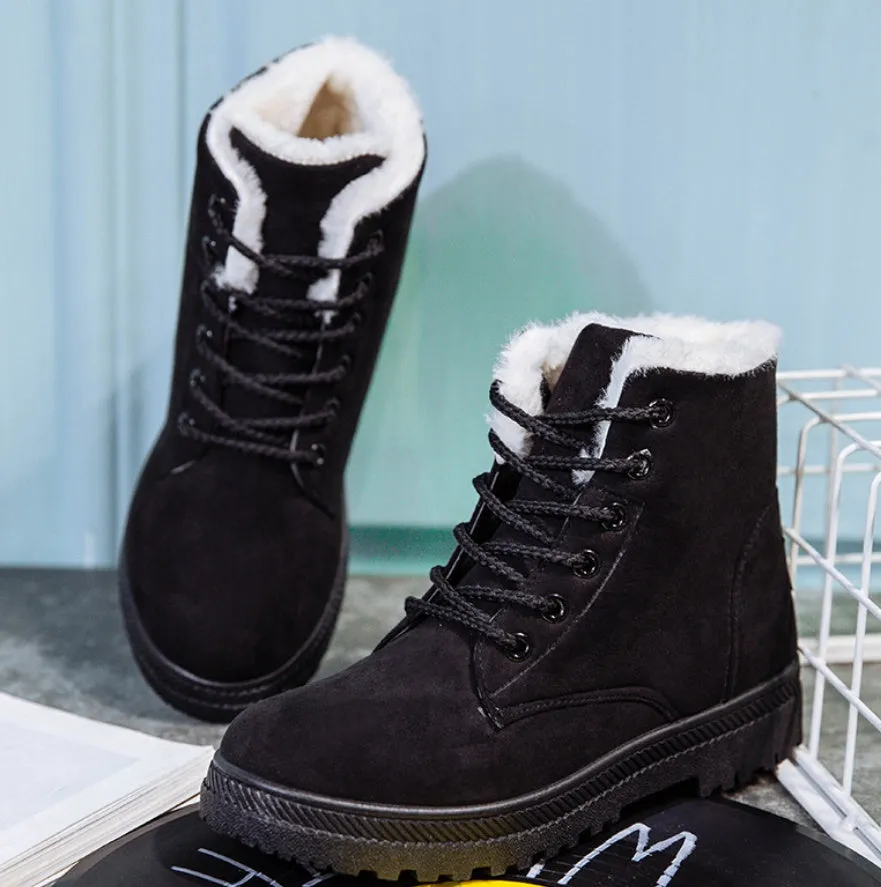 Flat Heel Plush Lining Lace-Up Snow Ankle Boots