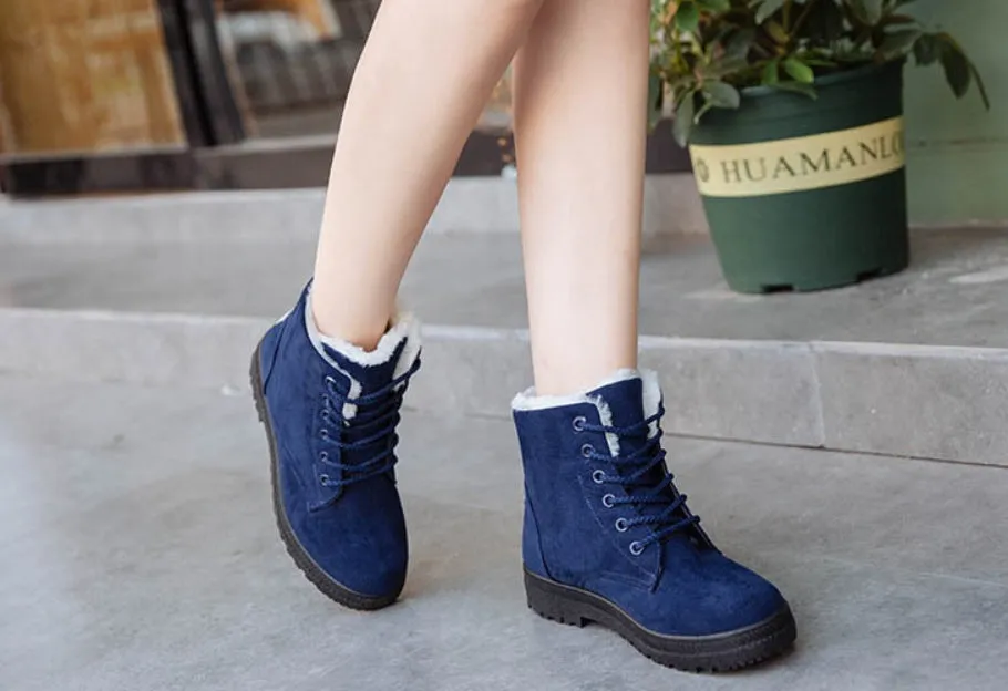 Flat Heel Plush Lining Lace-Up Snow Ankle Boots