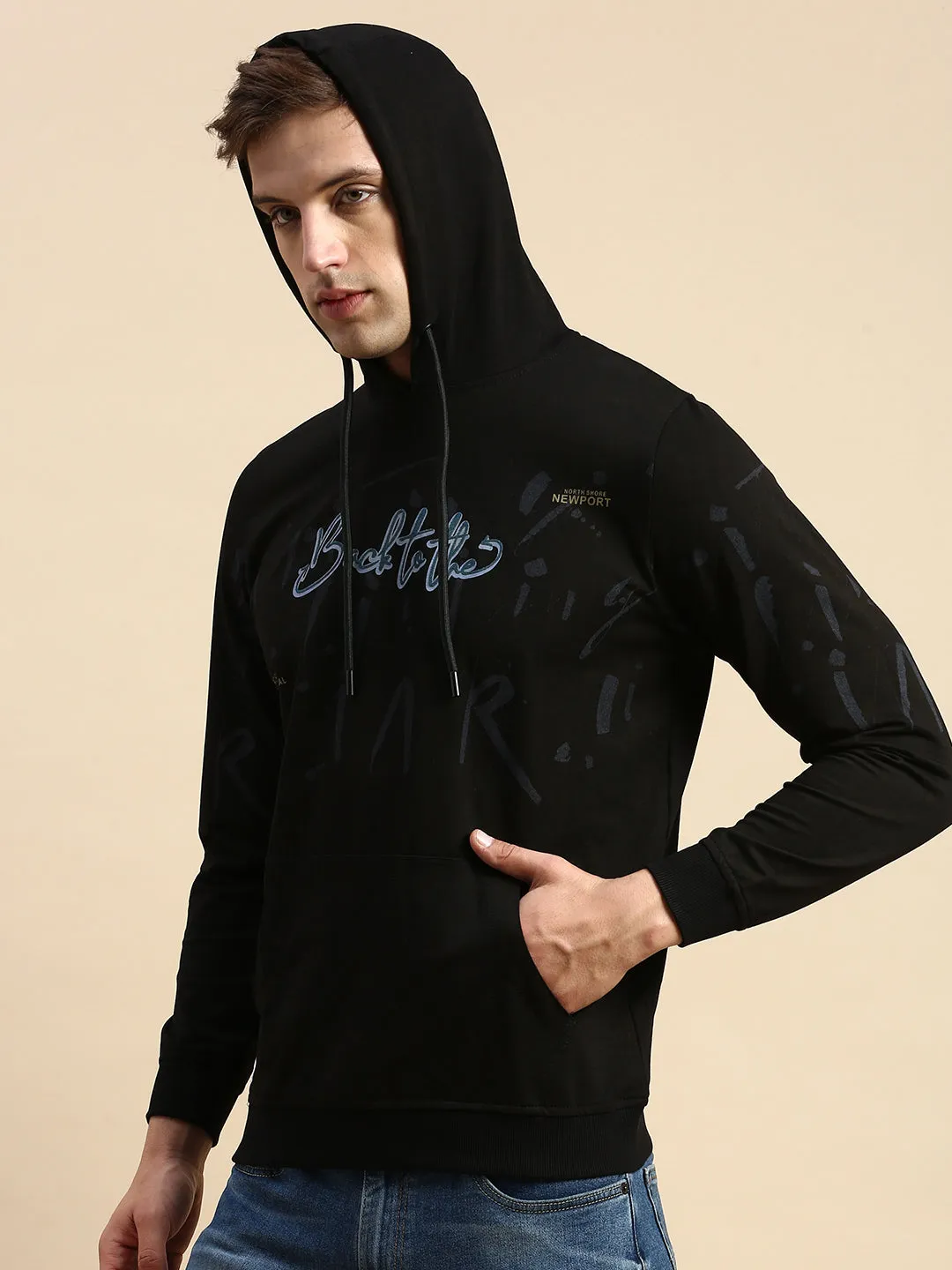 Men Black Printed Casual Hoodie