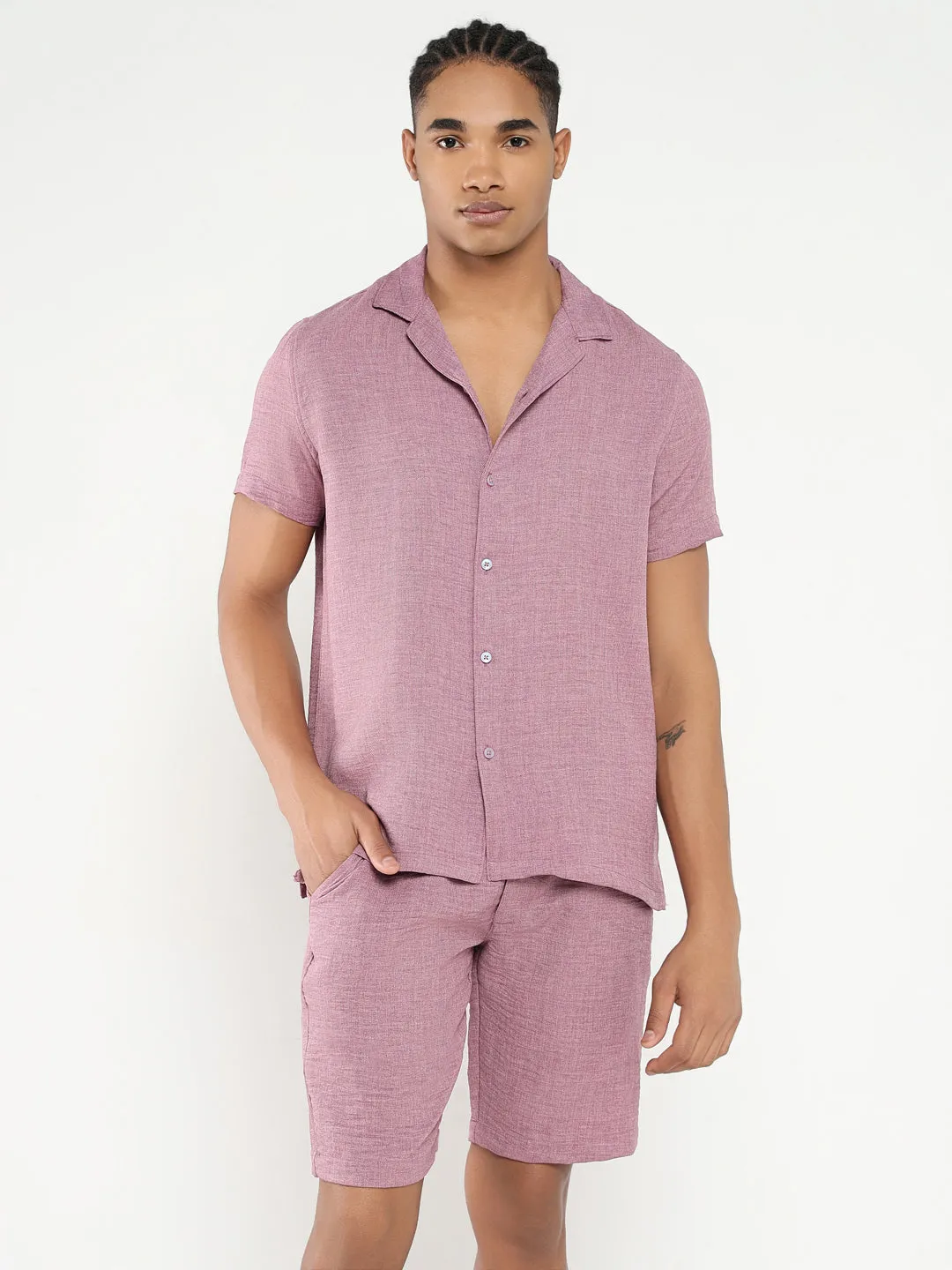 Men Mauve Solid Co Ords Set