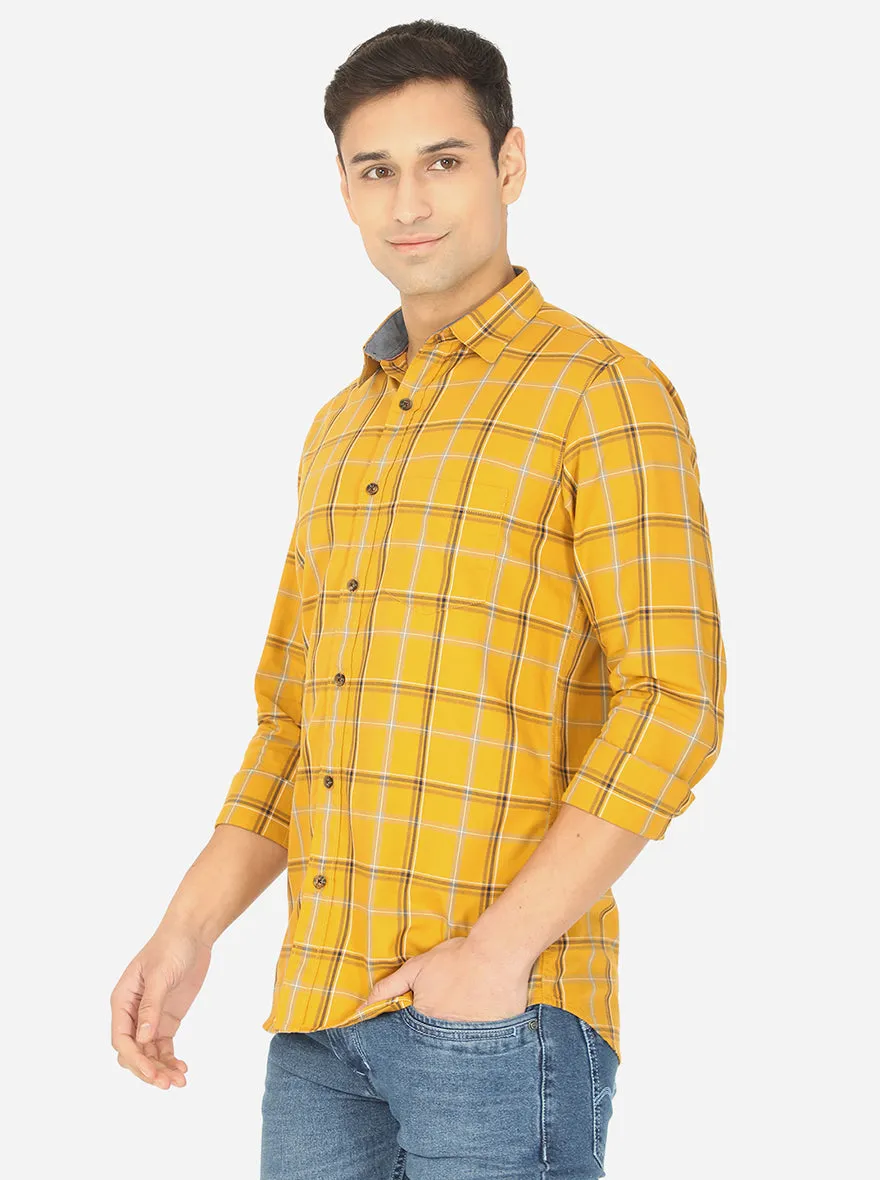 Mustard Yellow Checked Slim Fit Semi Casual Shirt | JadeBlue