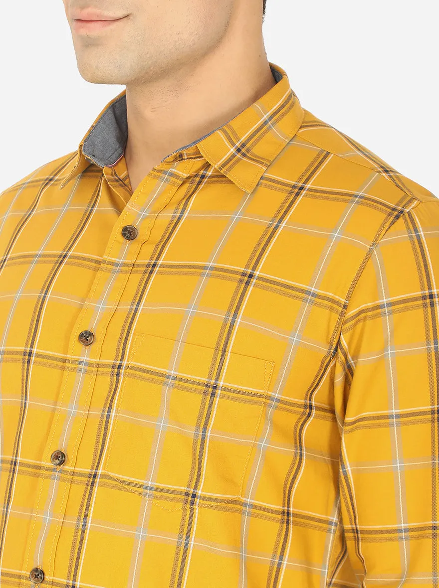 Mustard Yellow Checked Slim Fit Semi Casual Shirt | JadeBlue