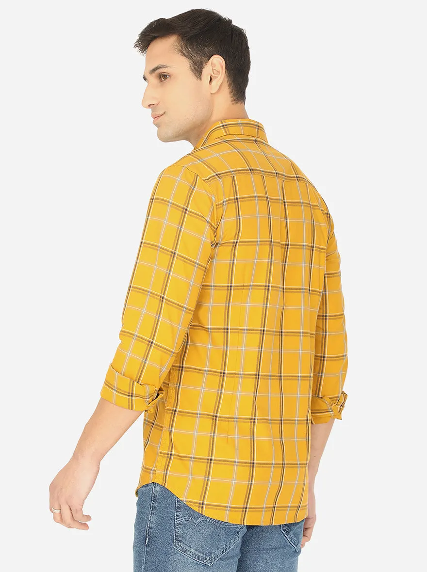 Mustard Yellow Checked Slim Fit Semi Casual Shirt | JadeBlue