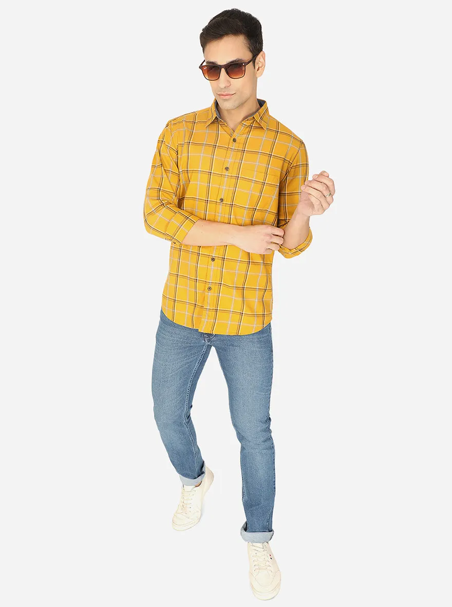 Mustard Yellow Checked Slim Fit Semi Casual Shirt | JadeBlue