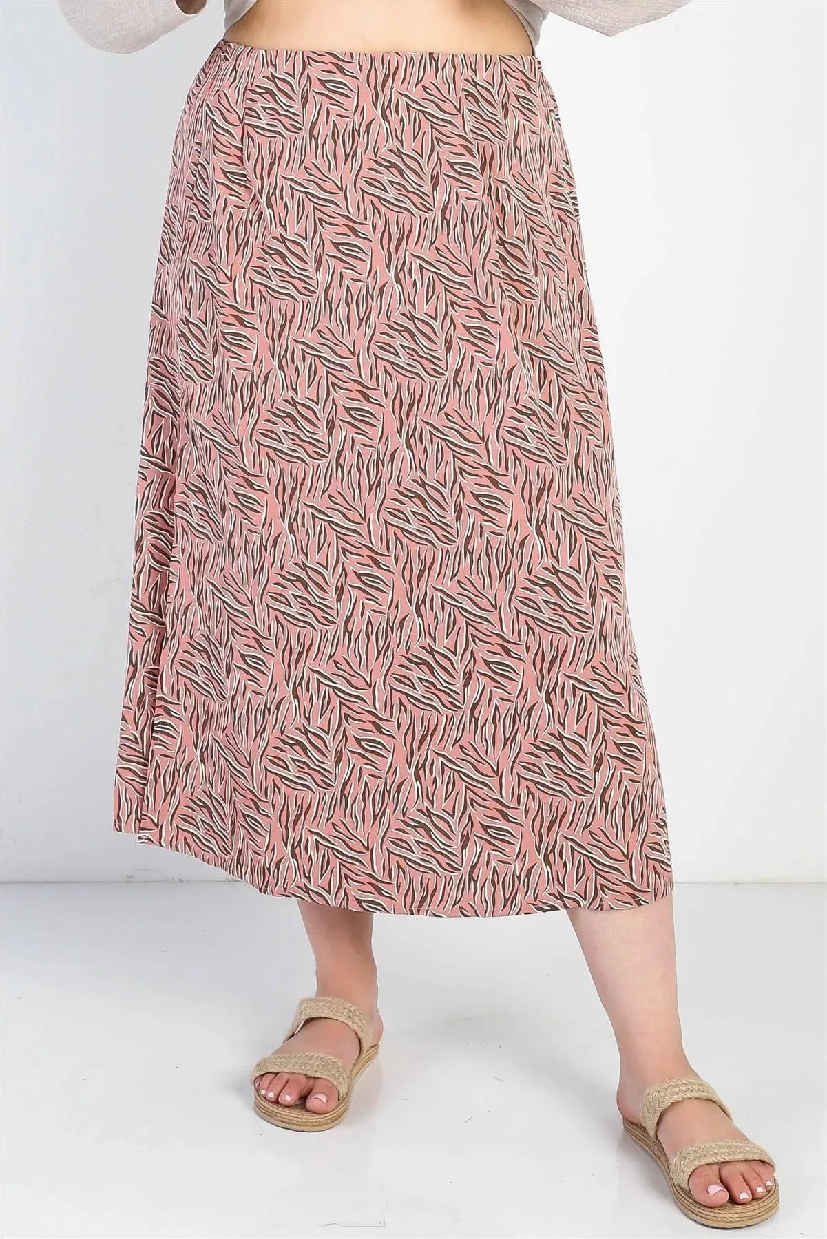 Plus Size Blush Printed High Waist  Midi Skirt