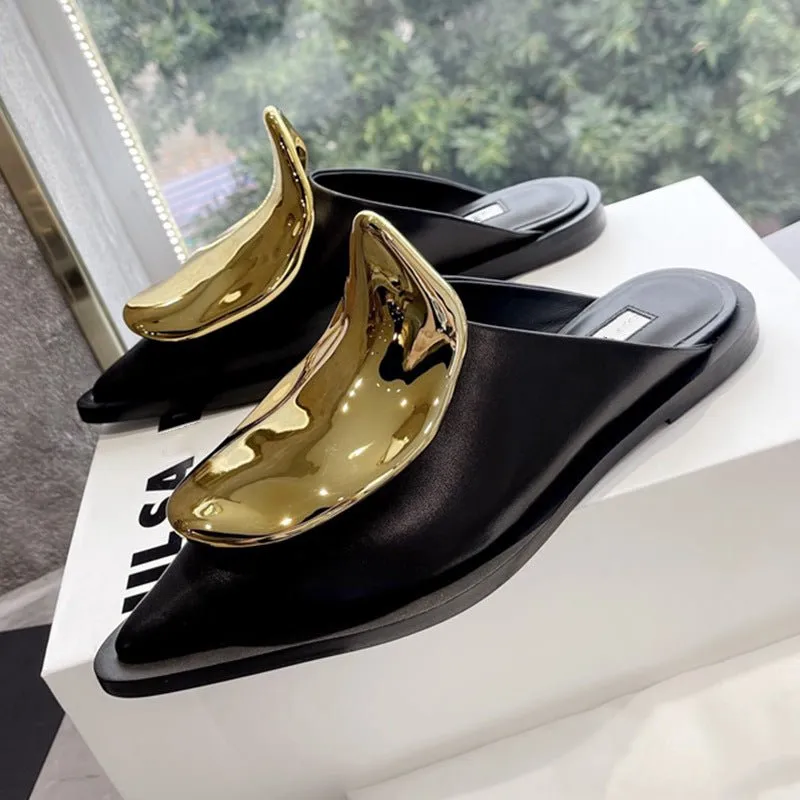 Pre Order:  Golden Metal Decor Flat Mules