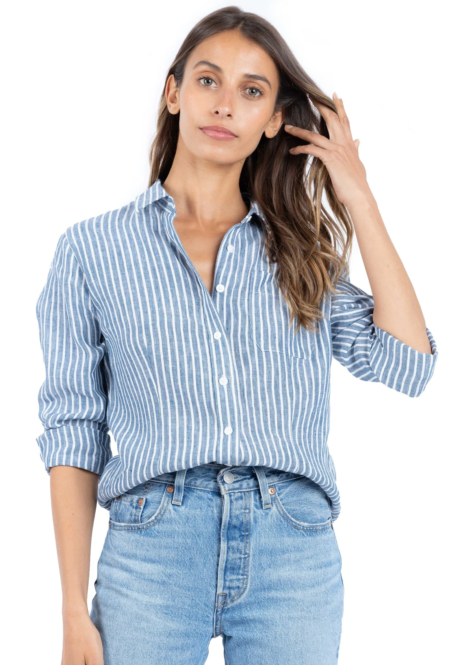 Rina Indigo Blue Stripes Slim-Fit Linen Shirt