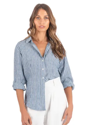 Rina Indigo Blue Stripes Slim-Fit Linen Shirt