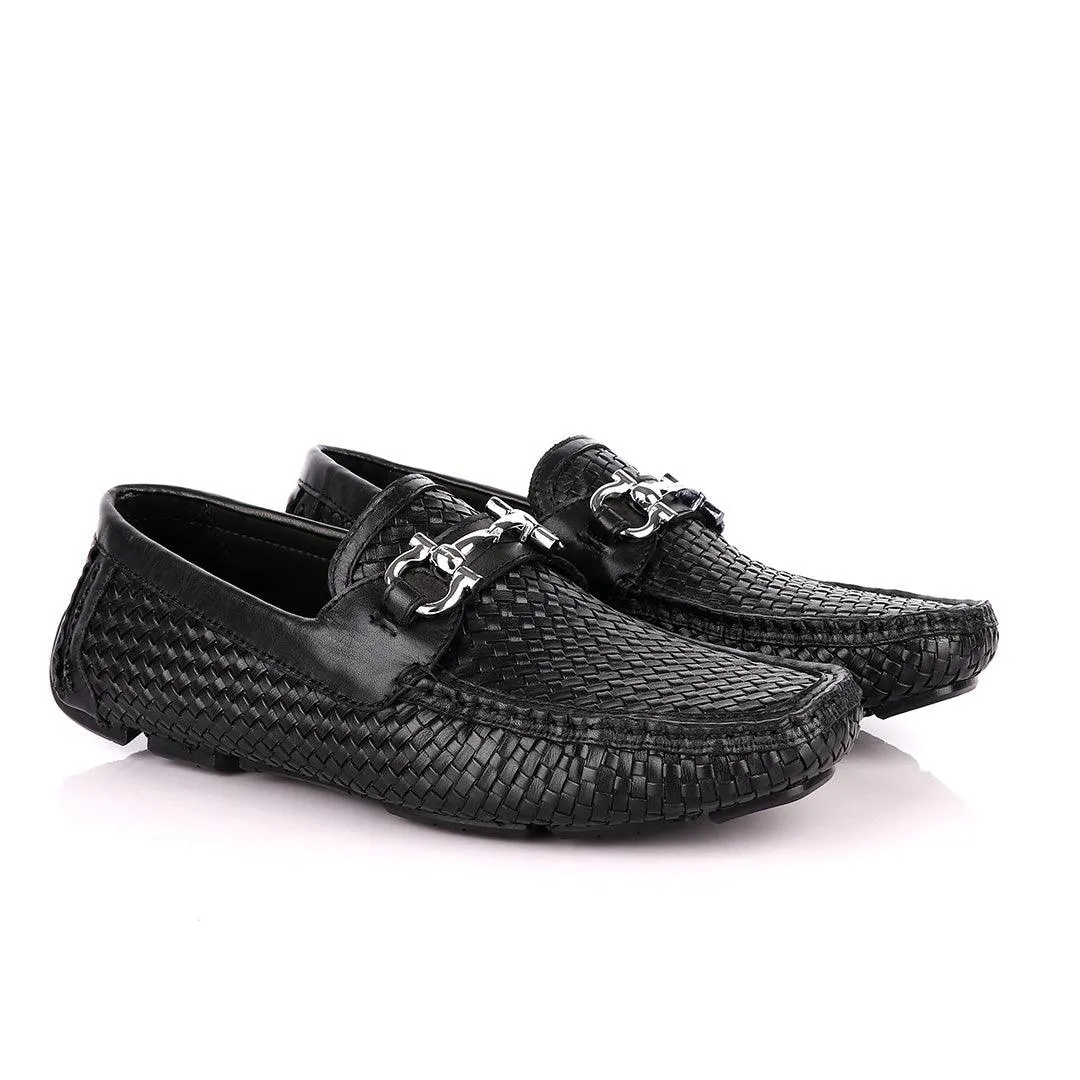 Salvatore Ferragamo Men's Woven Leather Driver- Black