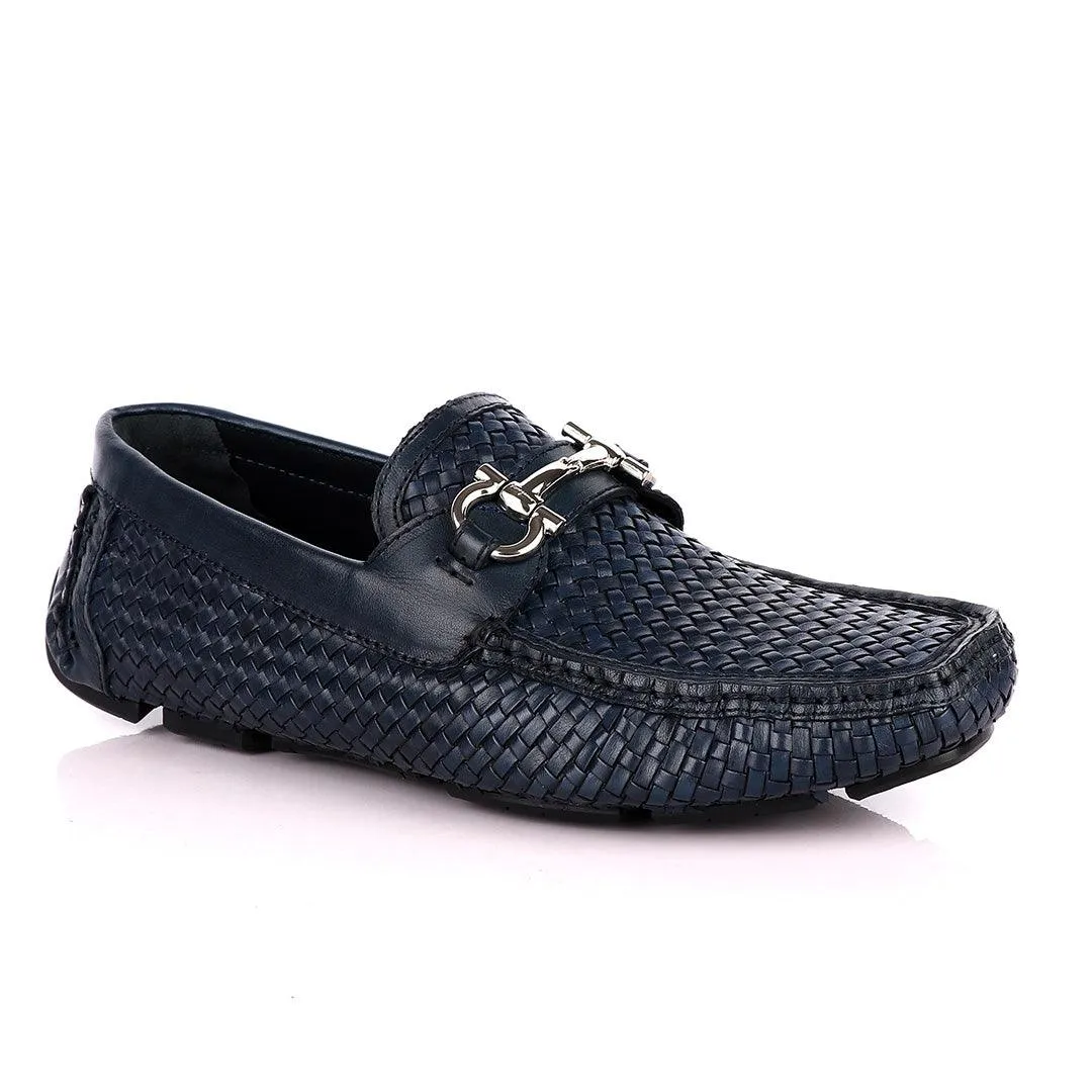 Salvatore Ferragamo Men's Woven Leather Sardegna NavyBlue Driver