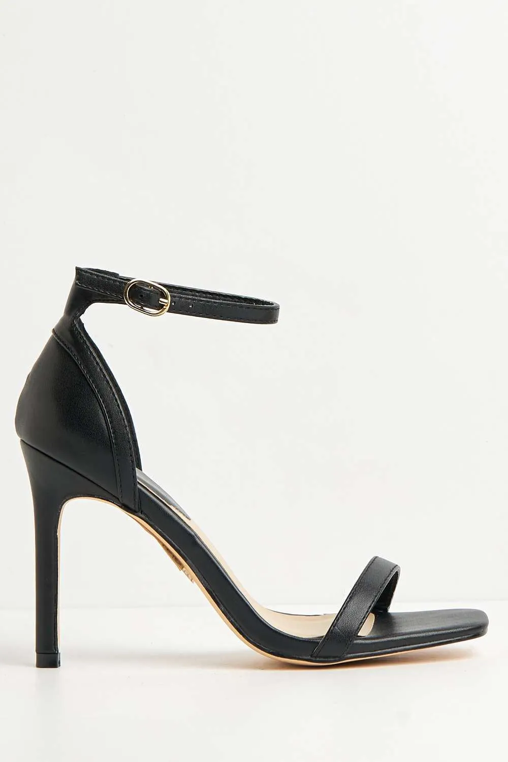 Sovia Ankle Strap Square Toe Heeled Sandals in Black Matt