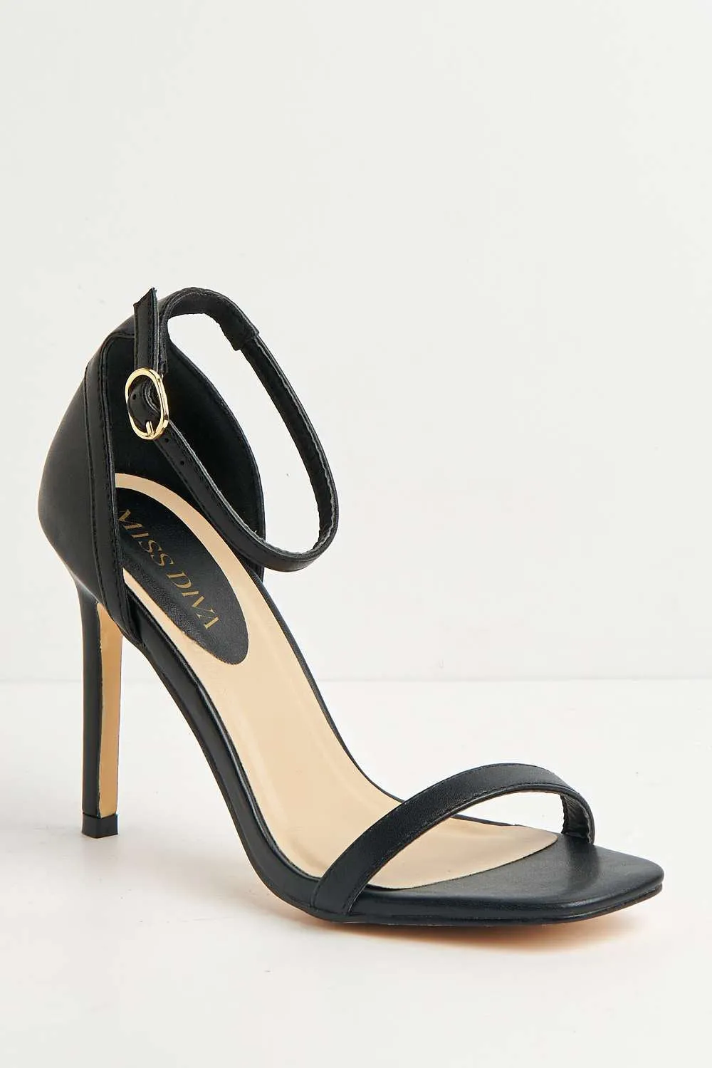 Sovia Ankle Strap Square Toe Heeled Sandals in Black Matt