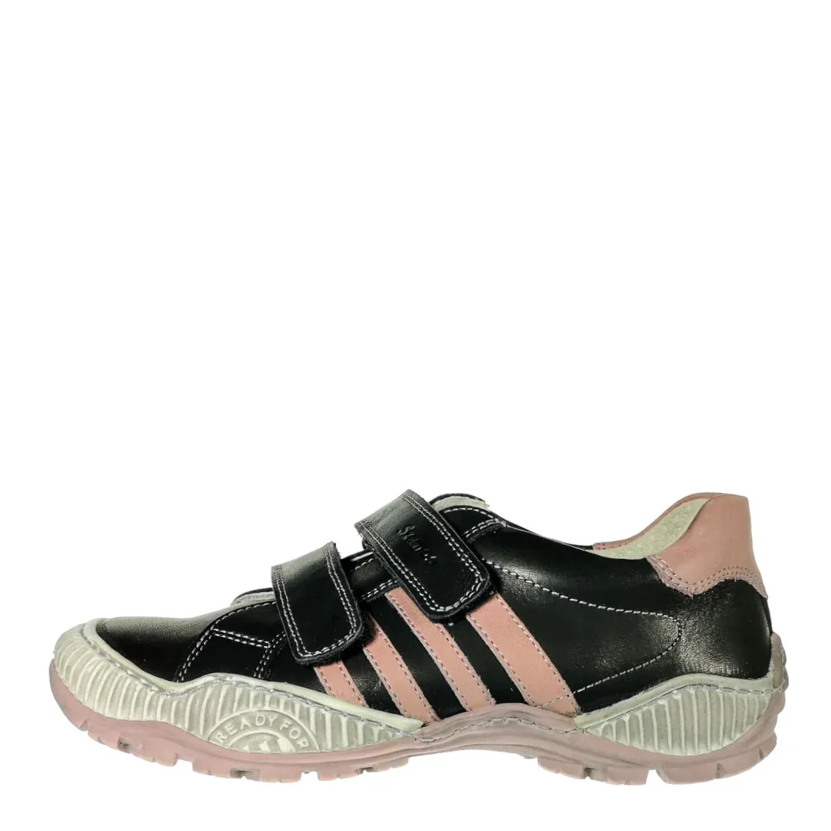 Szamos Kid Girl Sneakers In Black Color With Pink Stripes And Double Velcro Strap - Made In Europe