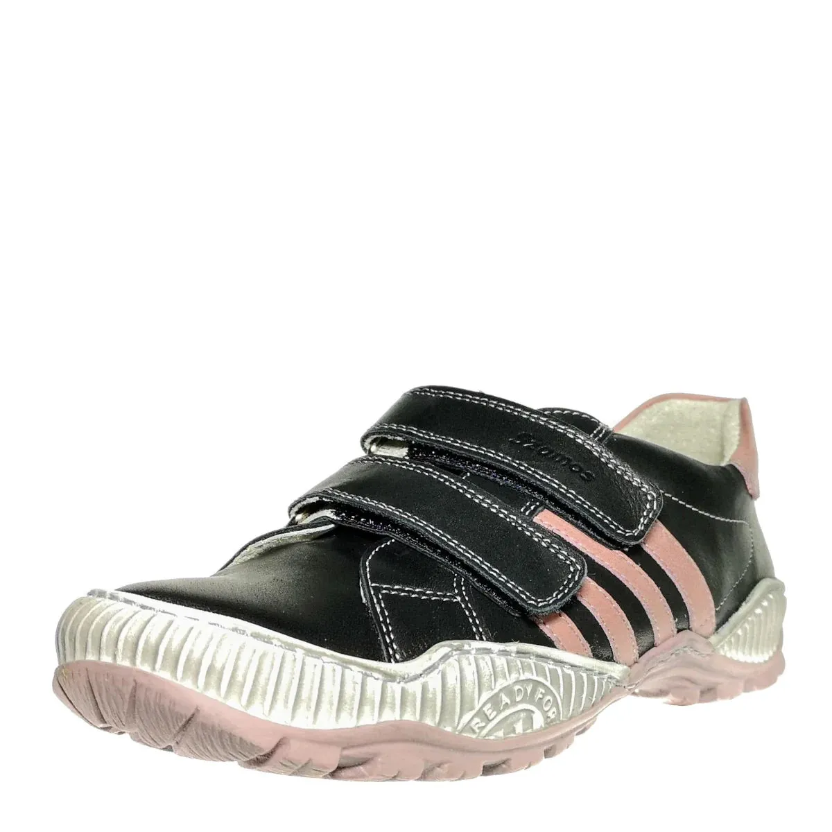 Szamos Kid Girl Sneakers In Black Color With Pink Stripes And Double Velcro Strap - Made In Europe