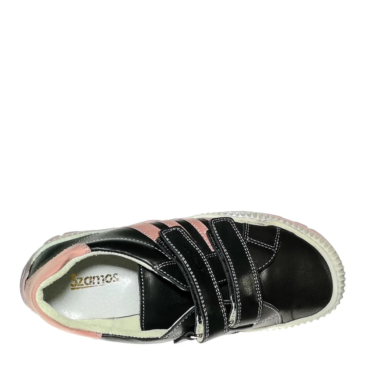 Szamos Kid Girl Sneakers In Black Color With Pink Stripes And Double Velcro Strap - Made In Europe