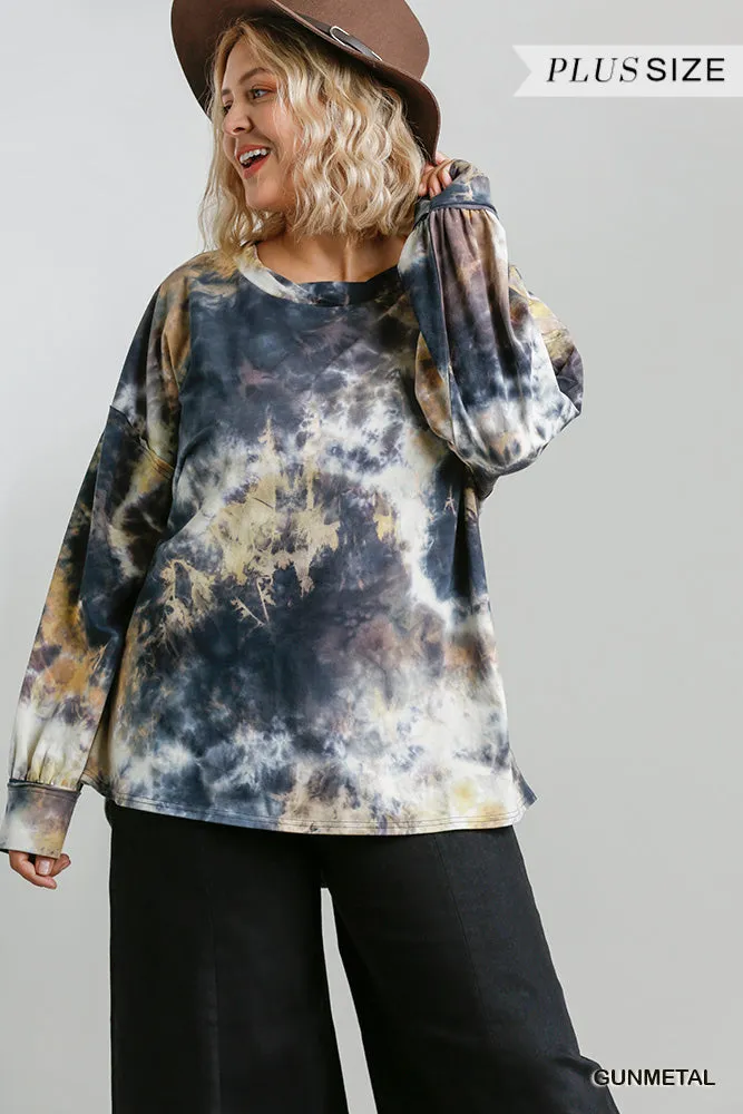 Tie Dye Twisted Collar Top, Gunmetal