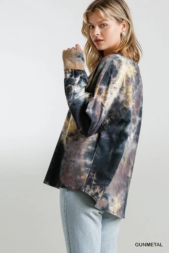 Tie Dye Twisted Collar Top, Gunmetal