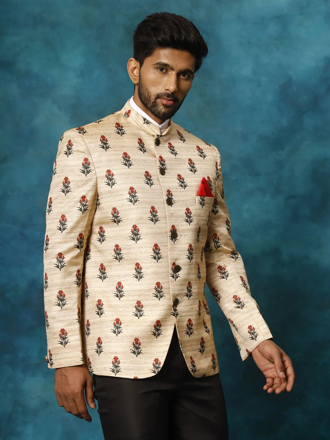 VASTRAMAY Men's Beige Printed Silk Jodhpuri