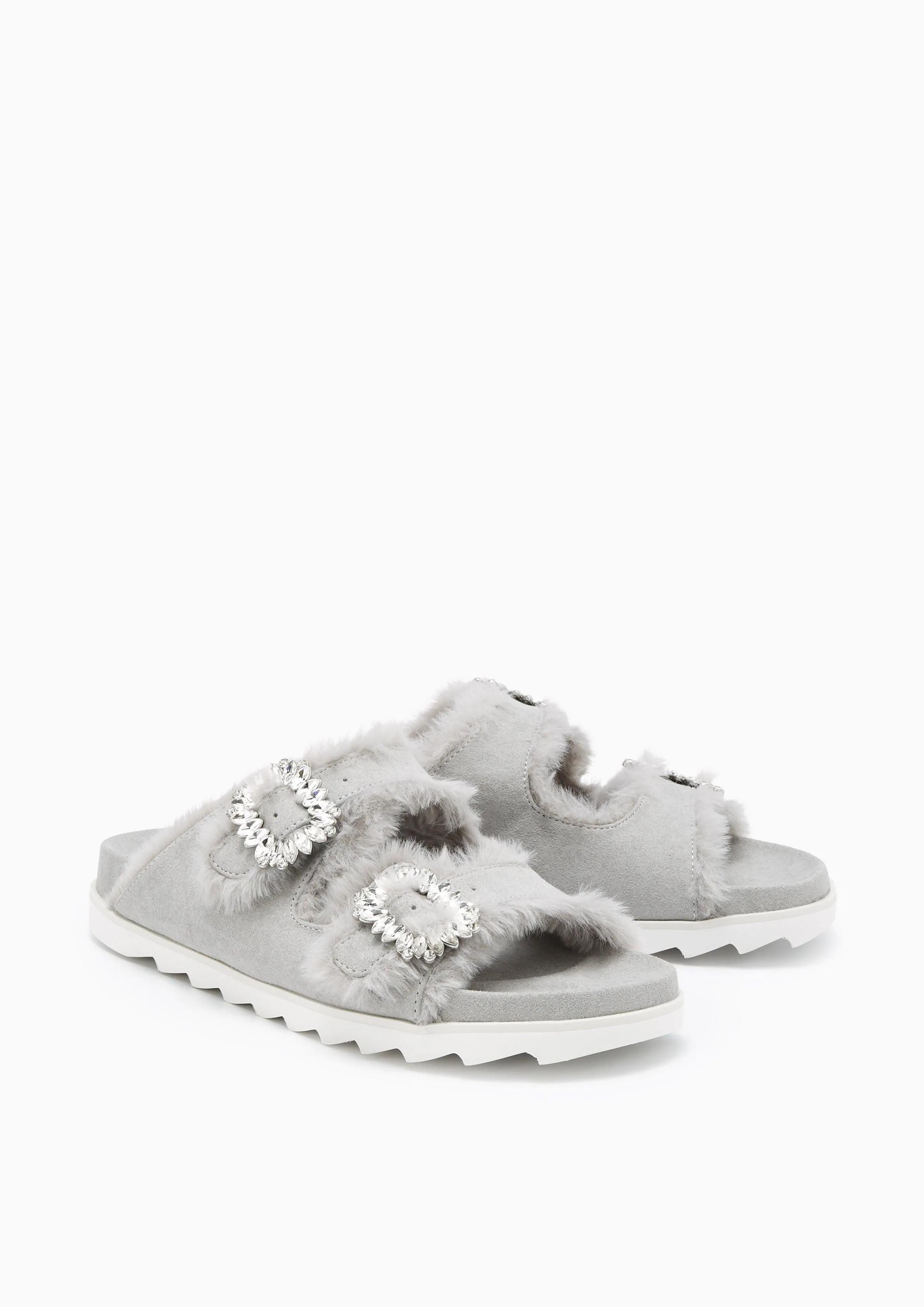 Veeni Furry Flat Sandals Light Grey