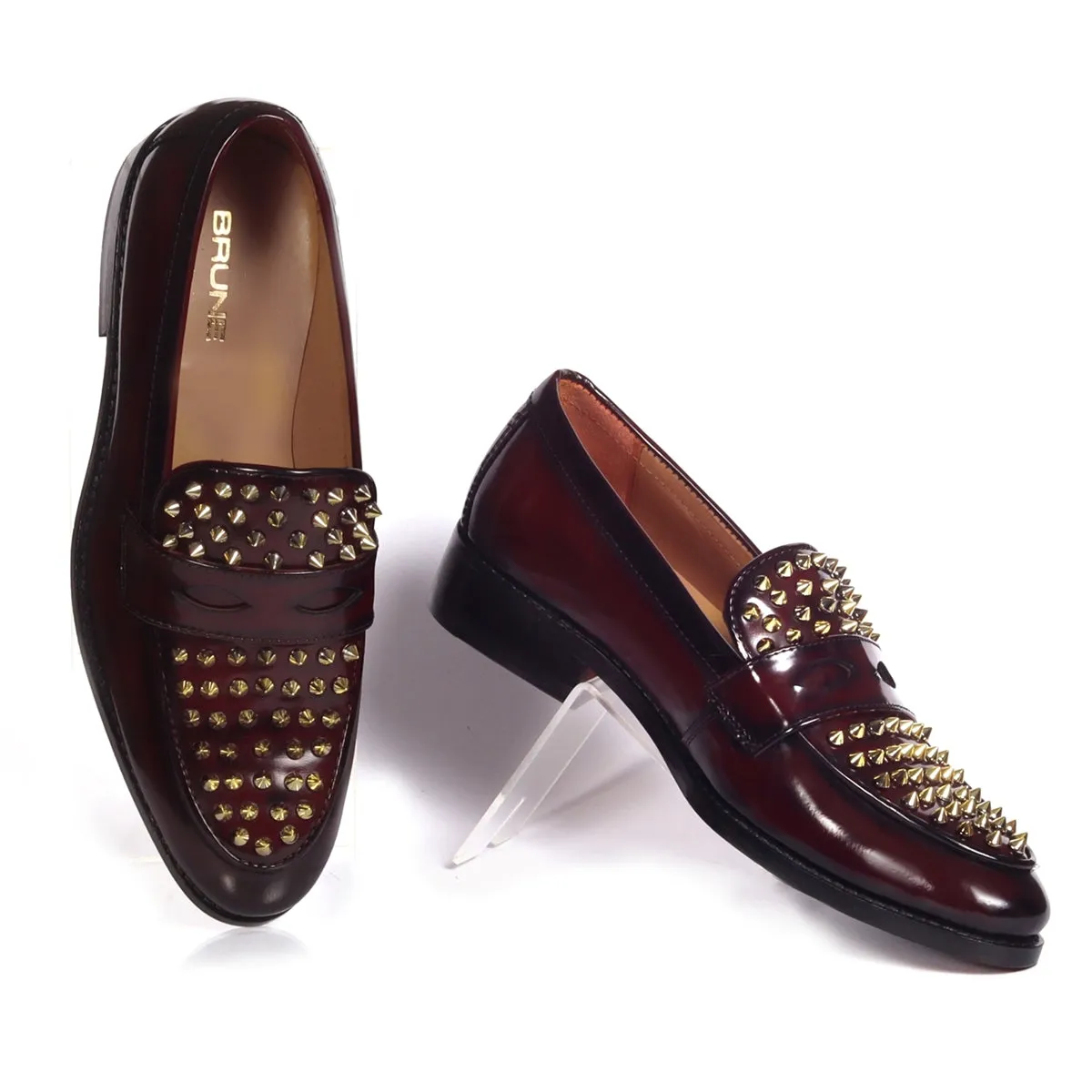 Wine Brush Off  Penny Loafers with Studded Toe Patent Leather