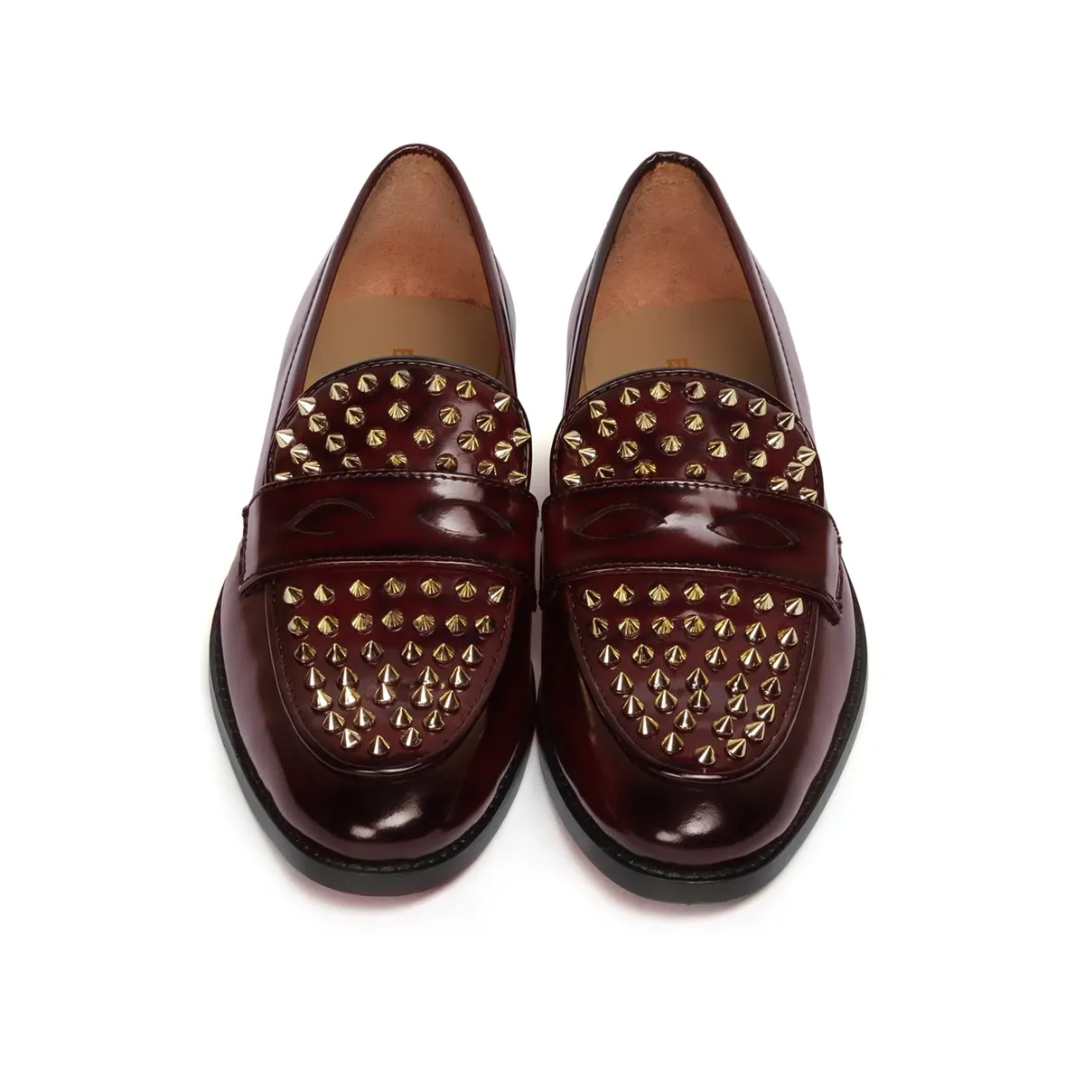 Wine Brush Off  Penny Loafers with Studded Toe Patent Leather