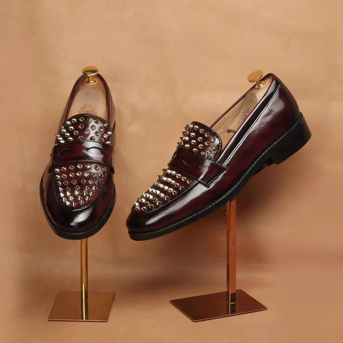 Wine Brush Off  Penny Loafers with Studded Toe Patent Leather