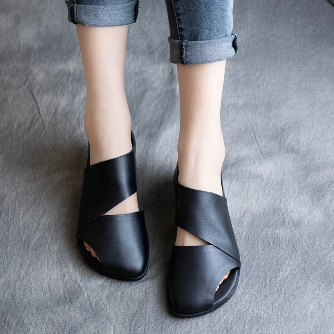 Women Back-Zipper Flat Leather Sandals