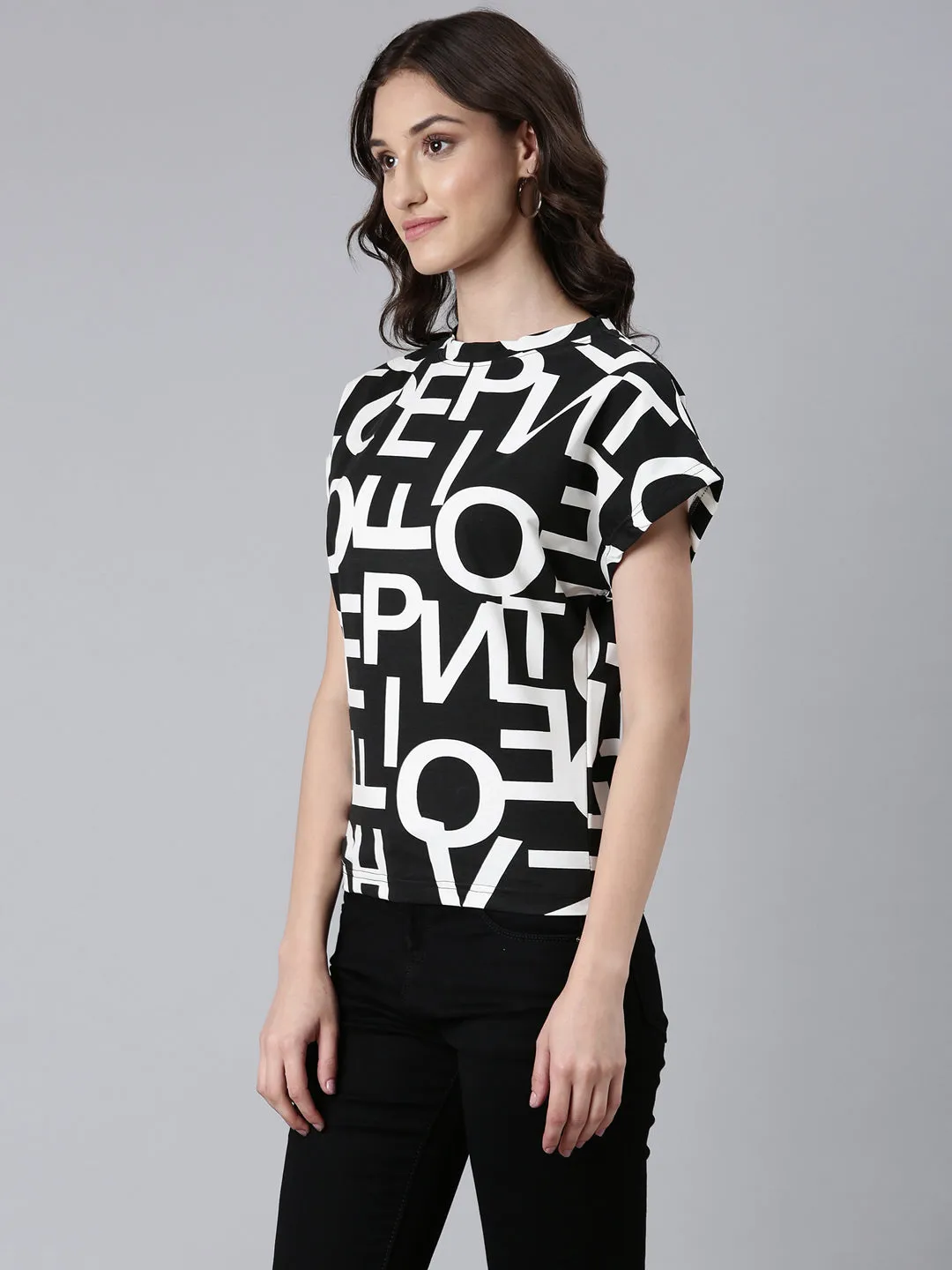 Women Black Typographic Boxy Tshirt