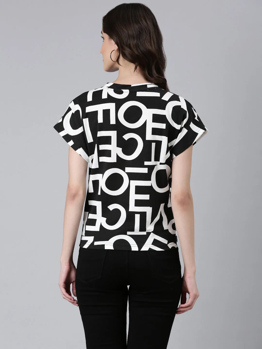 Women Black Typographic Boxy Tshirt