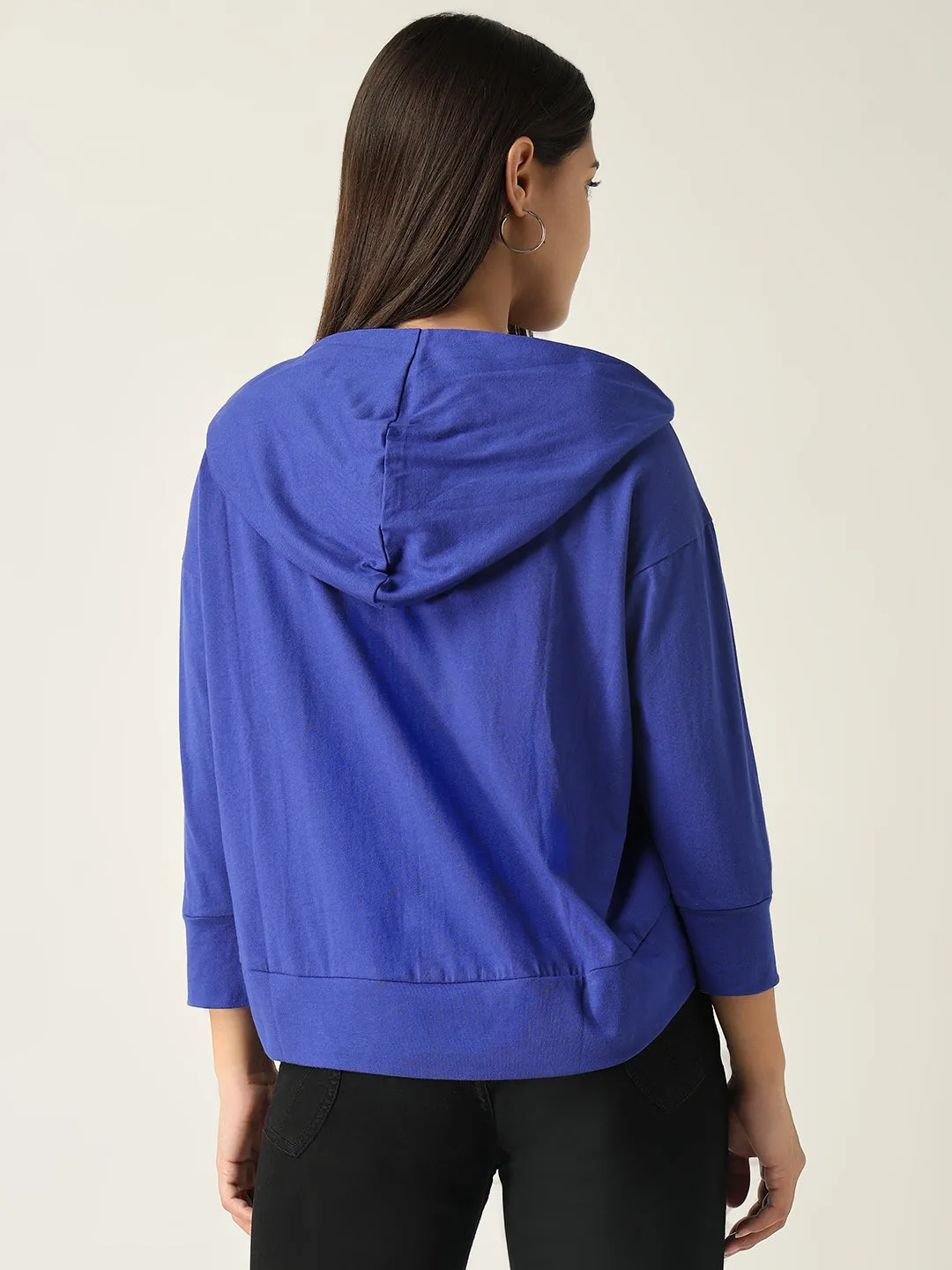 Women Blue Solid Hooded Sweatshirt