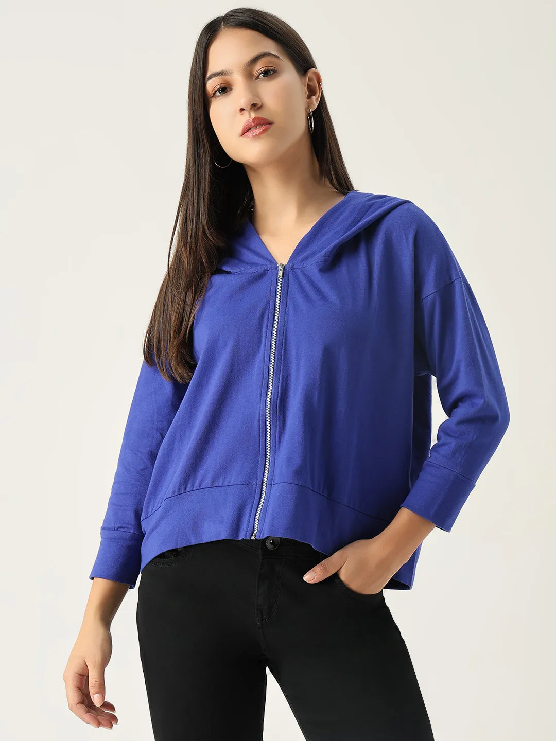 Women Blue Solid Hooded Sweatshirt