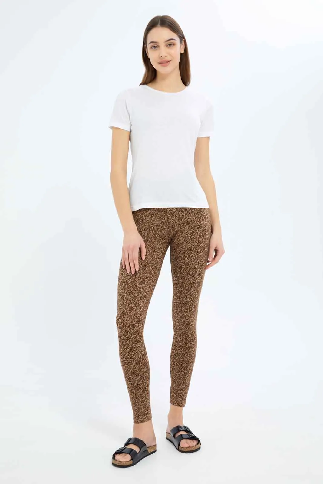 Women Brown Allover Print Skinny Leggings