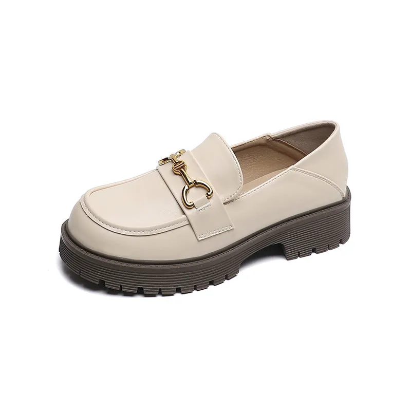 Women Classic Soft Leather Thick Soled Chain Loafers