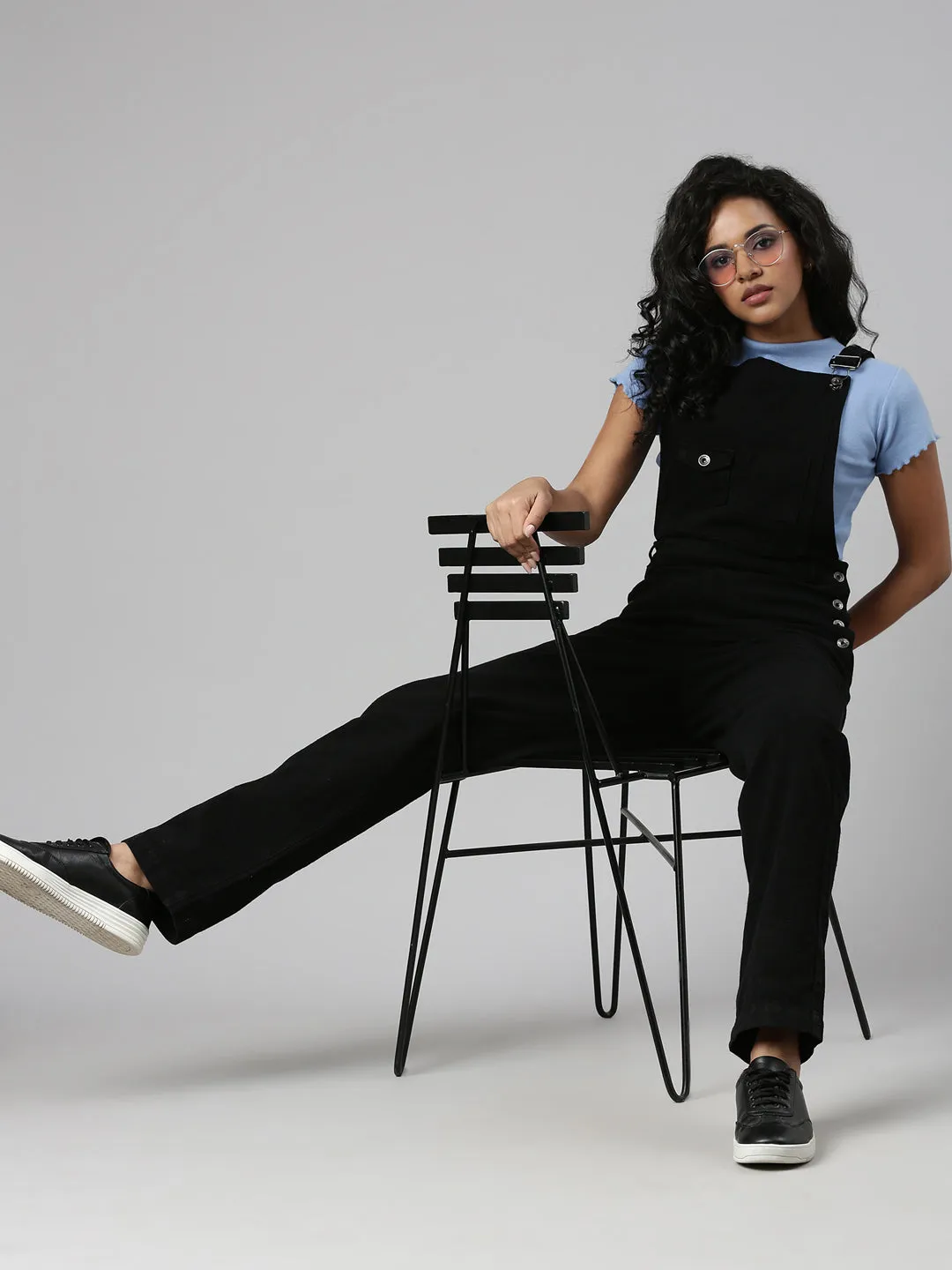 Women Denim Solid Black Dungaree