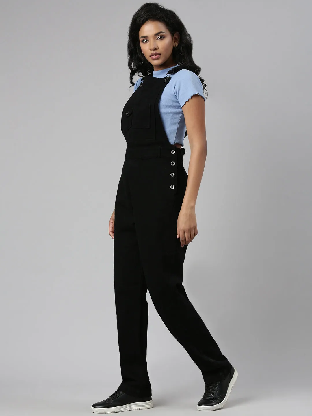 Women Denim Solid Black Dungaree