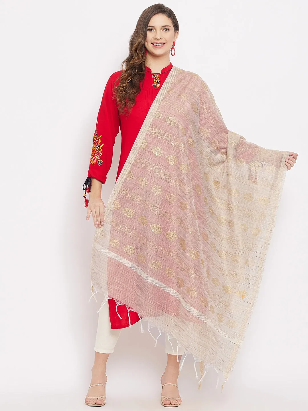 Women Light Fawn Block Print Cotton Dupatta